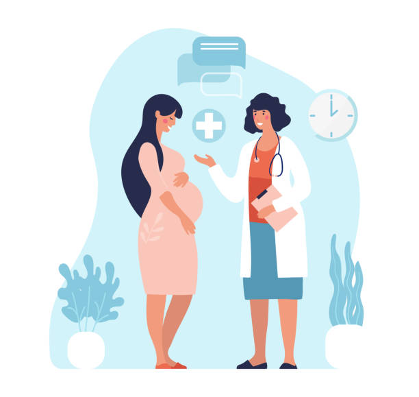 Pregnant woman at the doctor s appointment. A woman expecting a baby visits a doctor s office, examination during pregnancy. Flat vector illustration in cartoon design.